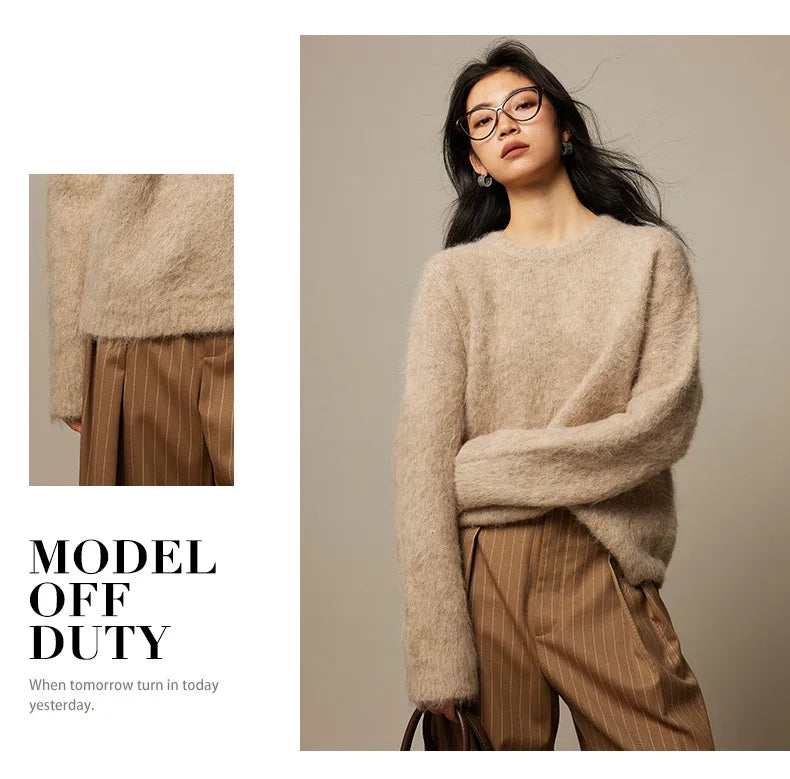 SuyaDream Warm Alpaca Pullovers for Woman, Dropped Sleeved Loose Sweaters, 2025 Fall Winter Top, Camel, Beige