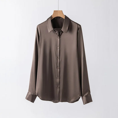 Woman Silk Shirt Long-sleeved Satin Women Blouse 19mm Mulberry Silk Blouse Loose Versatile Base Shirt 95% Natural Silk+5%Spandex