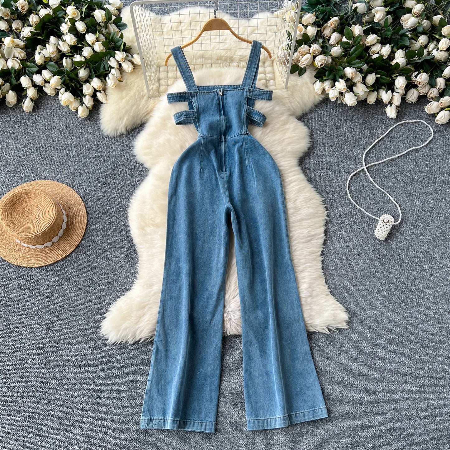 Jumpsuits Women Denim Suspender Jeans One Piece Wide Leg Pants Washed Mom Distressed Pockets Trousers Summer 2025 Streetwear.