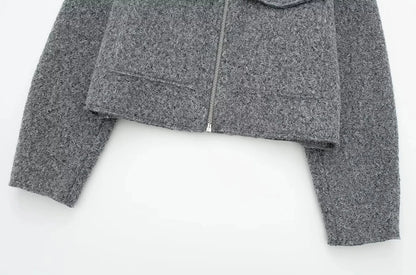 TRZA Frauen Mode Patch Taschen Mit Klappen Abgeschnitten Jacke Mantel Vintage Langarm Front Zipper Weibliche Oberbekleidung Chic Tops