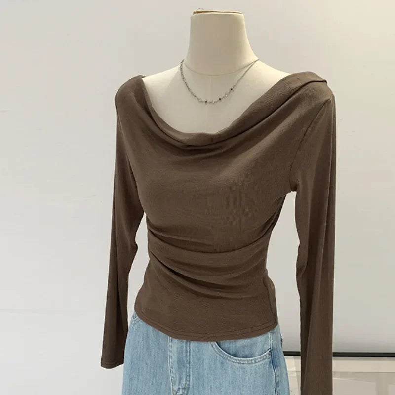 Off-The-Shoulder Long Sleeve T-Shirt Women's Early Autumn New Slimming Design Korean Style Sweet And Spicy Fashion Tops