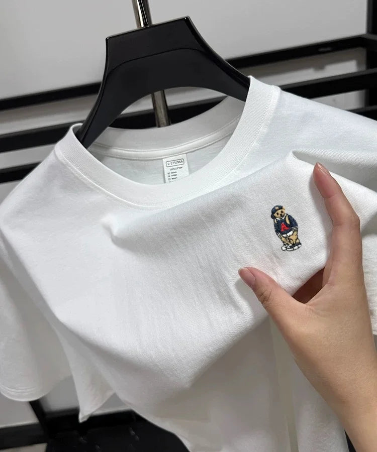 Light luxury 100% cotton men's T-shirt short sleeve round neck skin friendly comfort fashion brand cartoon bear embroidered top
