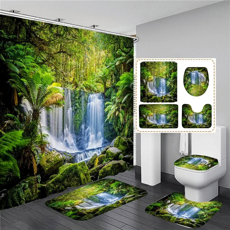Wasserdichtes Duschvorhang-Set mit sonniger Waldlandschaft, wasserdichter Badezimmer-Toilettensitzbezug, Badewanne, rutschfeste Matte, Teppich, Baddekoration