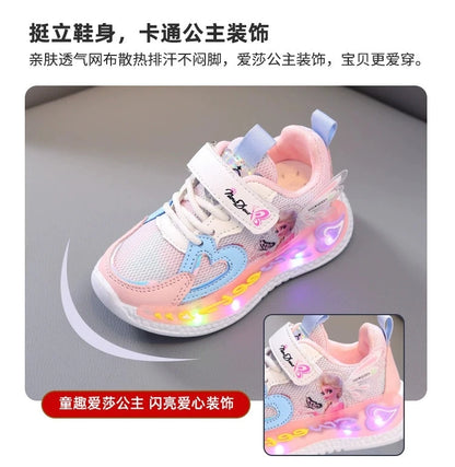 Disney Children Led Shoes Kids Girls Sneakers Frozen Elsa Princess Lighting Shoes Pink Purple Casual Sports Shoes Size 21-31.