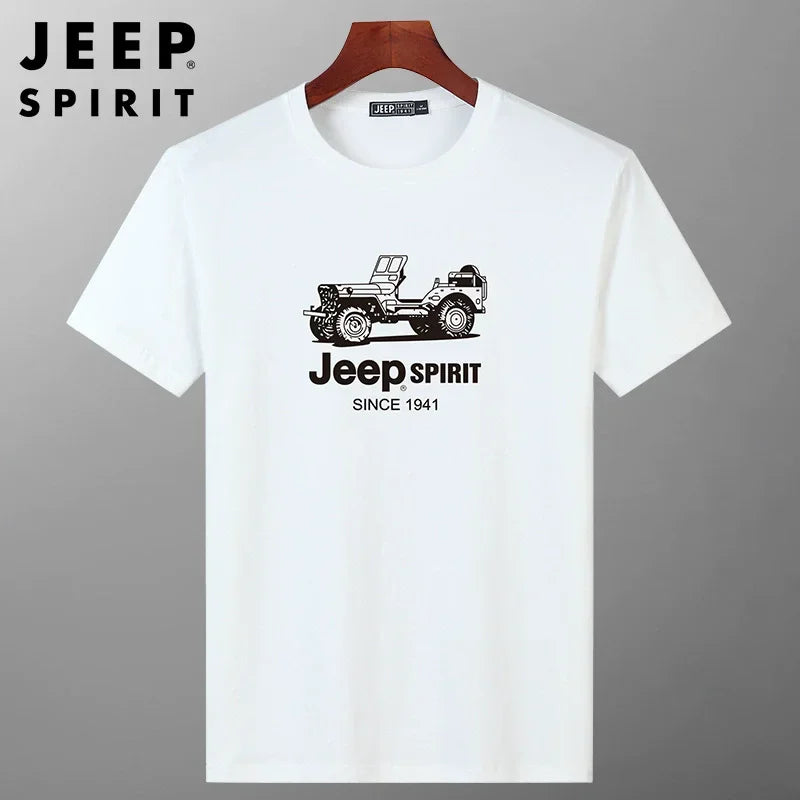 JEEP SPIRIT Mens T-shirt Summer 100%Cotton 230g Heavy Print Sports Breathable Round Neck Top Loose Solid Short Sleeve.