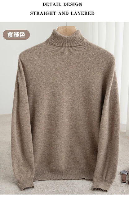 Men 100% Merino Wool Sweater Turtleneck Knitted Pullover Cashmere Warm Solid Color Clothes Business Bottoming Tops Autumn Winter