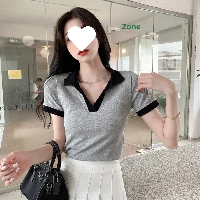 Plus Size Slimming Effect plus Size Women's Polo Neck T-shirt 200 Pounds Large Code College Style Top for plus Size Women.