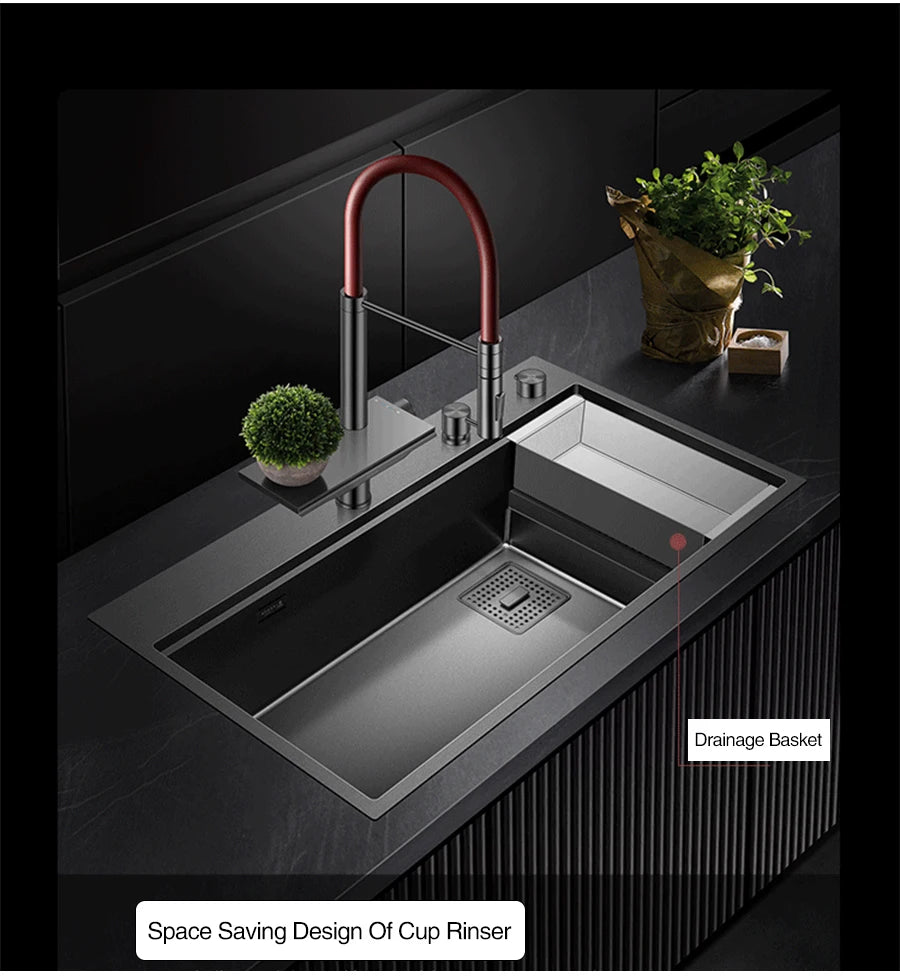 ASRAS New Waterfall Faucet Kitchen Sinks Nanometer Large Size 4mm Panel Handmade Sinks Cup Rinser Kitchen Sinks