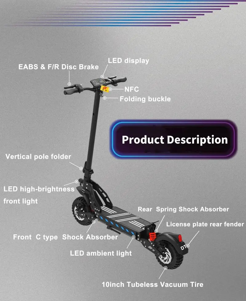 DriveTron DT10 Dual Electric E-Scooter 1400*2W Peak Power 48V20.8AH Battery 10‘’ City Tire Adult Electric Scooter.