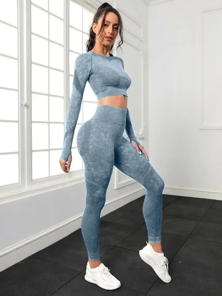 2 Piece Acid Wash Gym Set Women Seamless Long Sleeve Leggings Tracksuit Sports Fitness Suit Scrunch Workout Clothes Yoga Outfits.