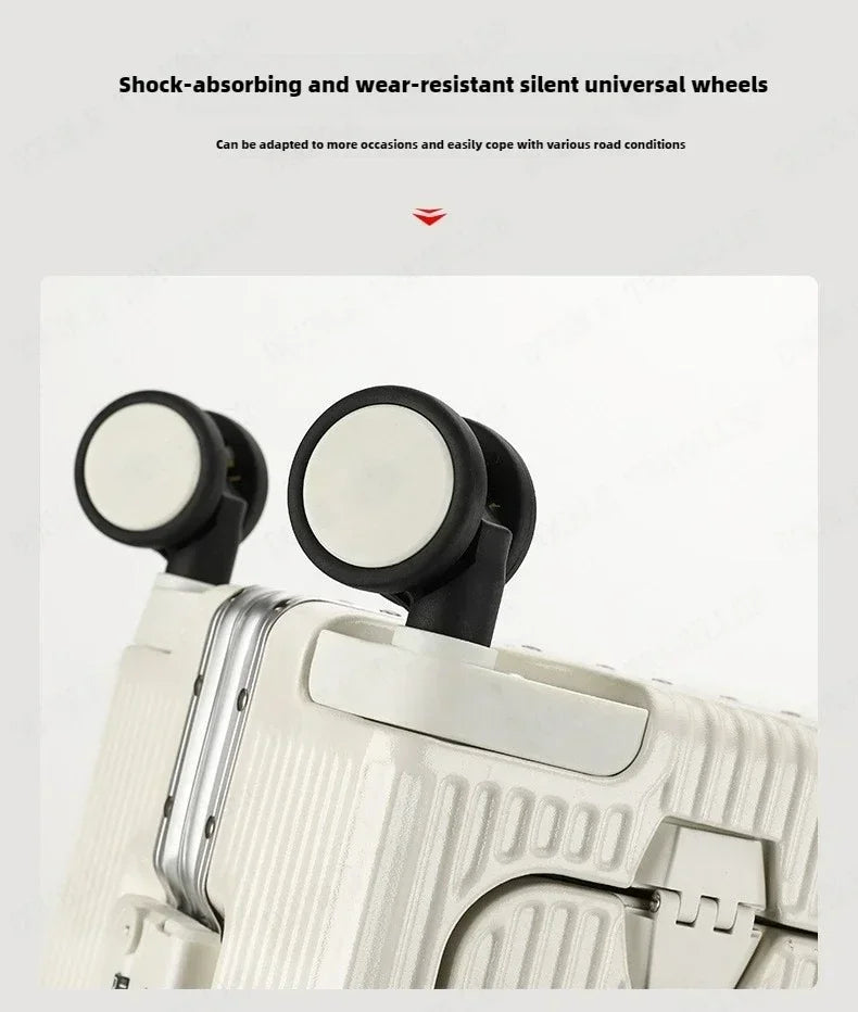 Vorne öffnender Rollgepäckkoffer mit großer Kapazität, Aluminiumrahmen, ABS + PC-Trolley, Koffer, USB-Lade-Boarding-Koffer