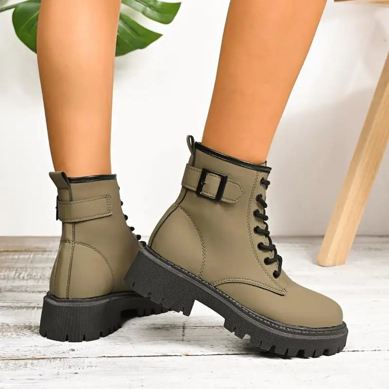 Chunky Platform Thick Heel Pink Ankle Boots Women 2025 Winter Punk Thick Bottom Lace Up Motorcycle Boots Metal Buckle Booties