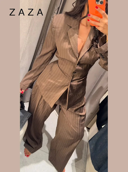 Vintage brauner Streifen-Blazer, Jacke, Hose, Sets, gepolsterte Schulter, schmale Passform, Mantel, hohe Taille, Freizeithose, 2025, neues Herbst-Outfit