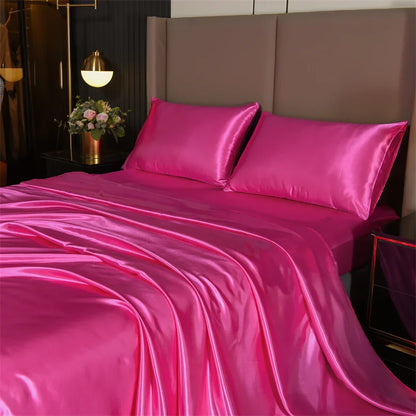 Satin Bed Sheets, Queen Size Sheets Set, 4 Pcs Silky Bedding Set   1 Deep Pocket Fitted Sheet + 1 Flat Sheet + 2 Pillowcases