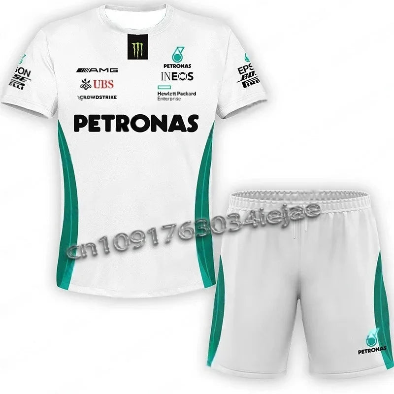 2025 New Fashion Mercedes F1 Mens Black Fan Jersey and Shorts Racing Tracksuit Breathable Loose Casual Men Clothing 2 Piece Set.