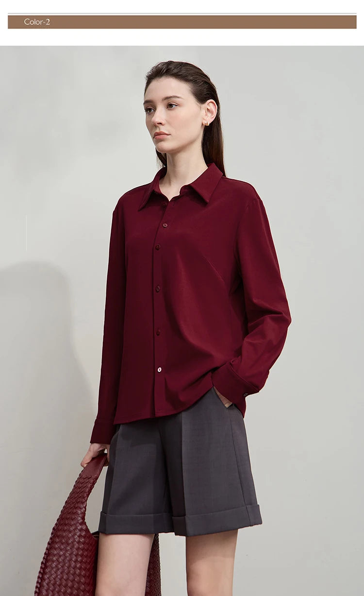 AMII Office Lady Shirt 2025 Autumn New Minimalism thick Long Sleeves Blouse Elastic Cotton Lapel Women's Clothing 12553079