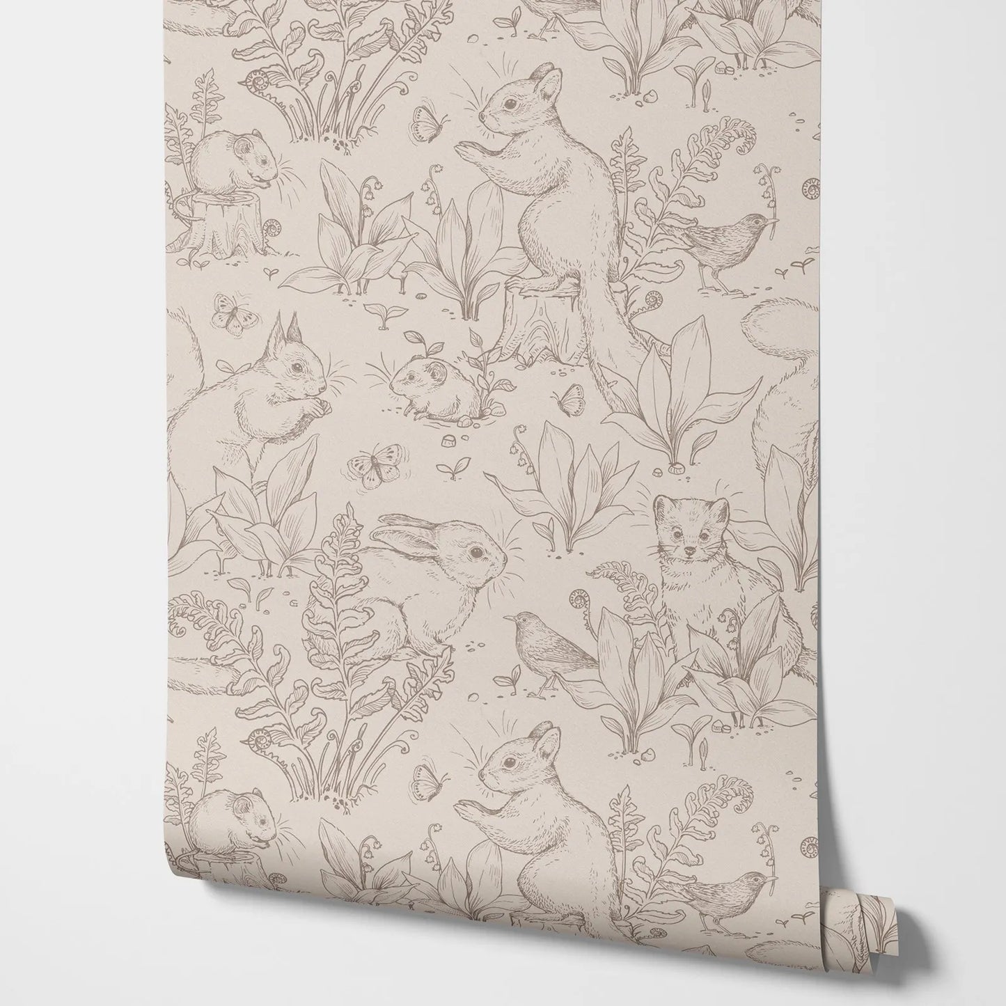 Waldleben Tapete Tapete. Beige Tapete mit Tieren im Waldstil mit Kaninchen und kleinem Prärenhund