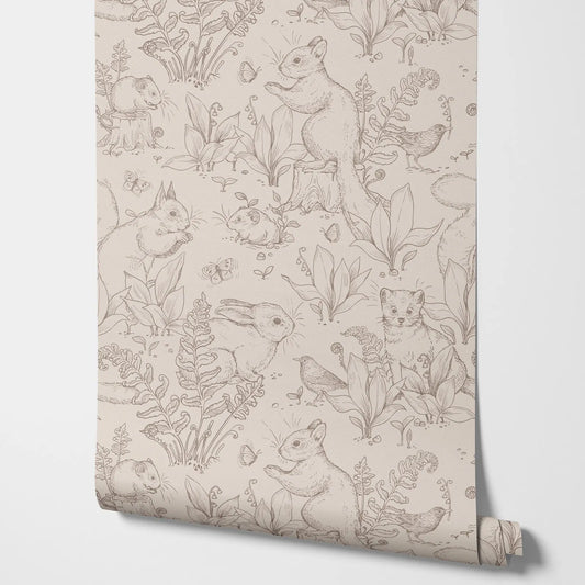Waldleben Tapete Tapete. Beige Tapete mit Tieren im Waldstil mit Kaninchen und kleinem Prärenhund