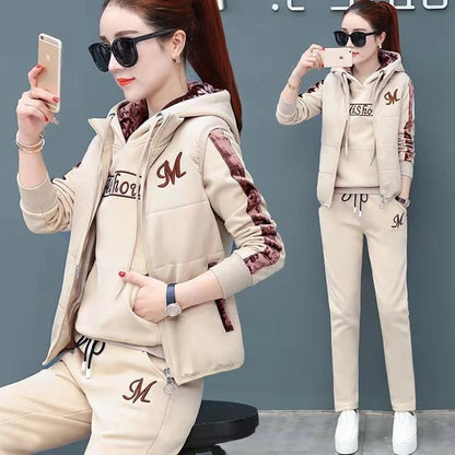 Women's Fashion Plush Thickened Sweat Suit 2025 Autumn Winter New Casual Hooded Tops Waistcoat Pants 3 Three Piece Set For Women.