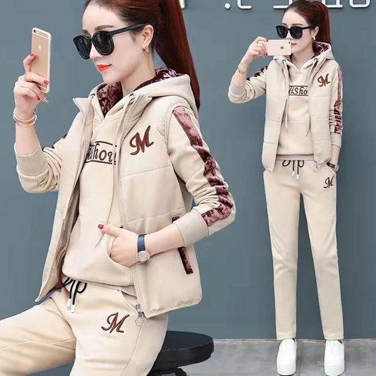 Women's Fashion Plush Thickened Sweat Suit 2025 Autumn Winter New Casual Hooded Tops Waistcoat Pants 3 Three Piece Set For Women.