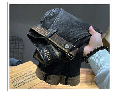 Tapered Jeans for Men's Clothing Autumn New Fashion Embroidered Korean Harem Pants Casual Stretch Black Denim Trousers.