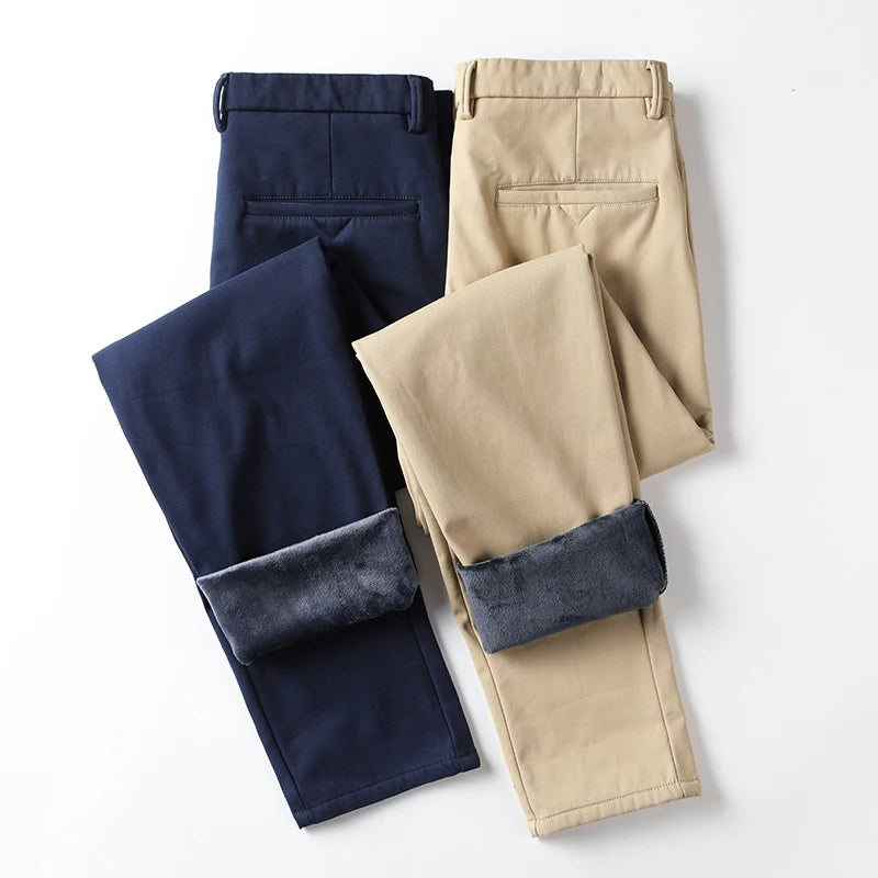 Winter Casual Men Classic Style Business Warm Plush Trousers Regular Thick Fur Pants Male Fleece Elastic Straight Formal Pants.