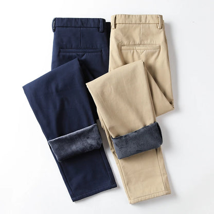 Winter Casual Men Classic Style Business Warm Plush Trousers Regular Thick Fur Pants Male Fleece Elastic Straight Formal Pants.