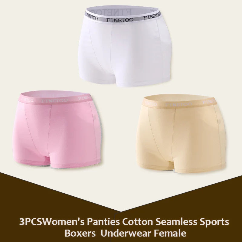 3Pcs Women's Panties Cotton Seamless Sports Boxers Underwear Female Solid Color Briefs Lingerie Intimate Underpant Finetoo S-XXL