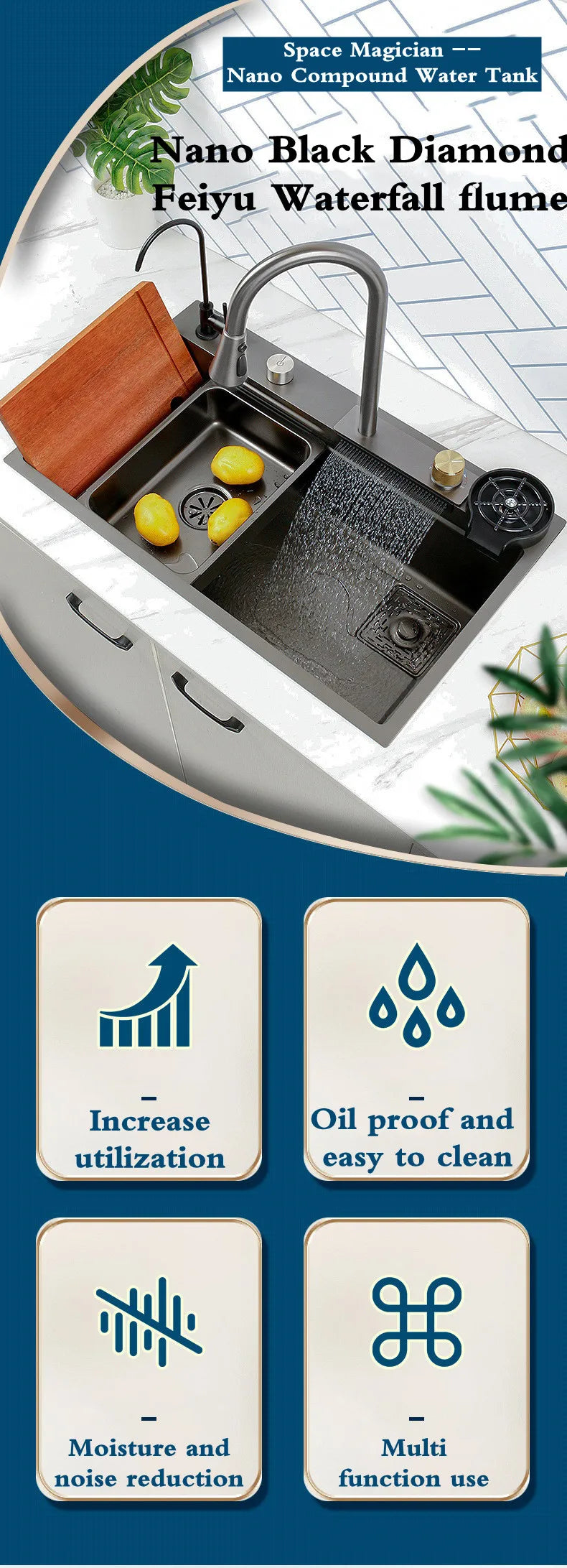 Wasserfall-Küchenspüle aus Edelstahl 304, Zughahn, Einzelschlitz, Hochdruckbecher, Waschmaschine, Café, Weinbar, Waschbecken