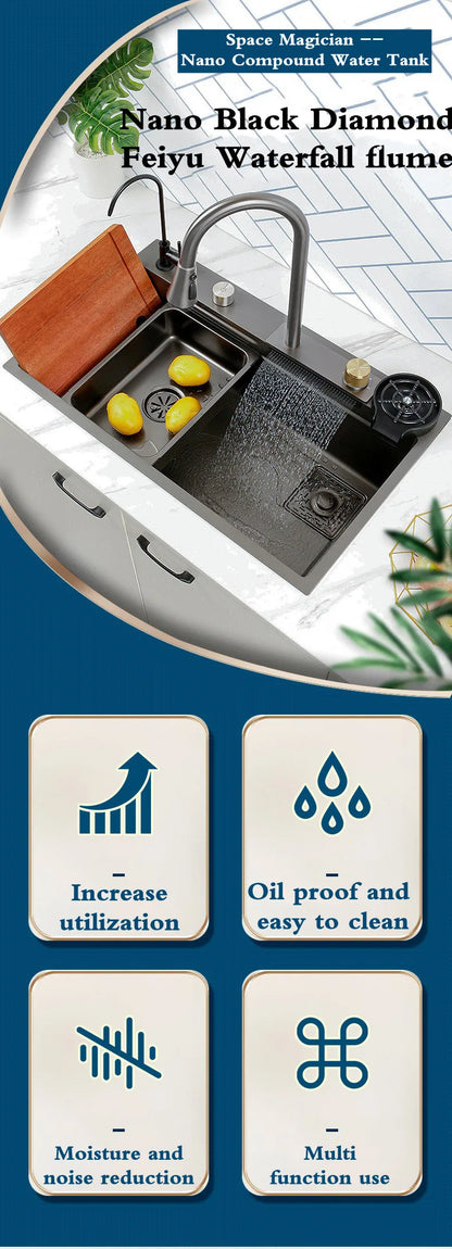 Wasserfall-Küchenspüle aus Edelstahl 304, Zughahn, Einzelschlitz, Hochdruckbecher, Waschmaschine, Café, Weinbar, Waschbecken