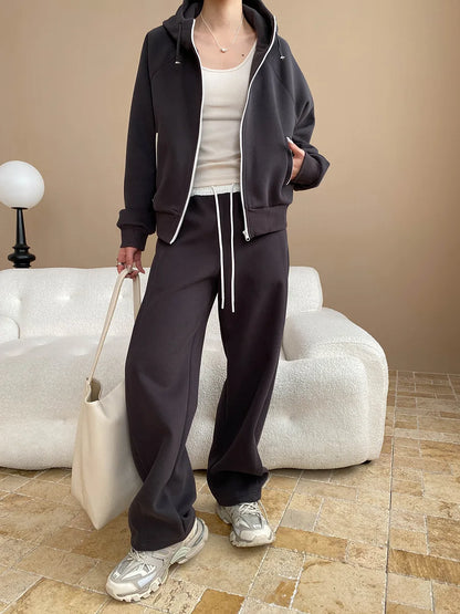 Spring and Autumn Women's Casual Solid Color Loose Hooded Sweatshirt+High Waist Loose Pants Set