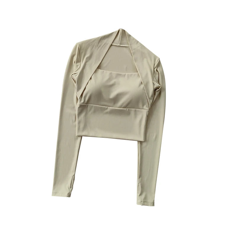 Fitness Chest Cushion Sports Top Women Long Sleeve Shirts Pra Speed Up Short Elegant Dance Yoga Clothes Small Waistband Gym.