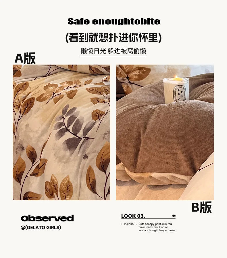 2025 new light luxury style high gram milk fleece 1.5m/1.8m bed four-piece printing warm bed sheet quilt cover.