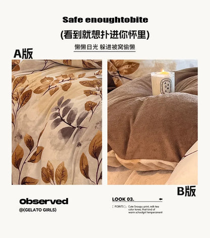 2025 new light luxury style high gram milk fleece 1.5m/1.8m bed four-piece printing warm bed sheet quilt cover.