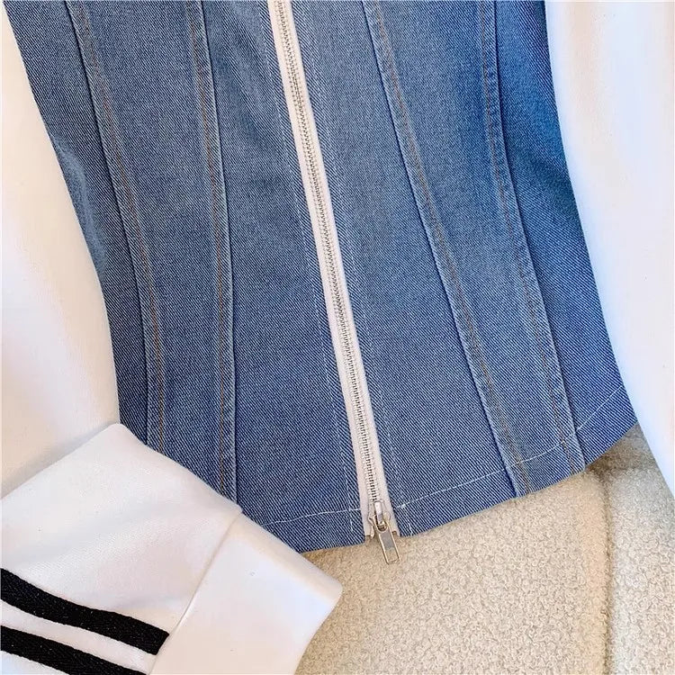 Pant Set Women Two Piece Sets Denim Splice Zipper Matching Sets Casual Coats Wide Leg Long Pants Lace Up Elastic Waist 2025.