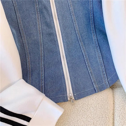 Pant Set Women Two Piece Sets Denim Splice Zipper Matching Sets Casual Coats Wide Leg Long Pants Lace Up Elastic Waist 2025.