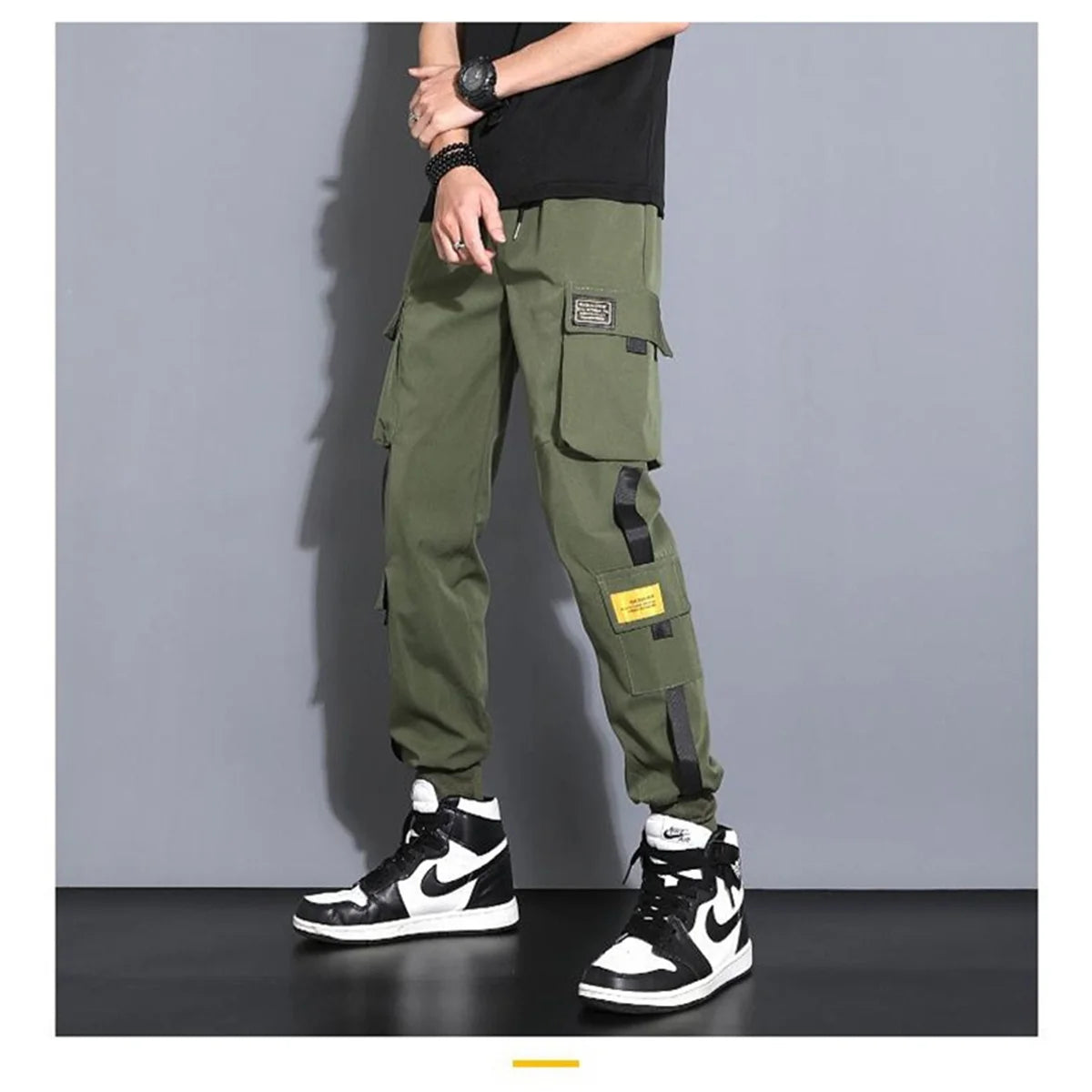 Men's Cargo Pants Casual Hip Hop Hit Color Multiple Pockets Trousers Streetwear Ribbons Techwear Sweatpants Boys.