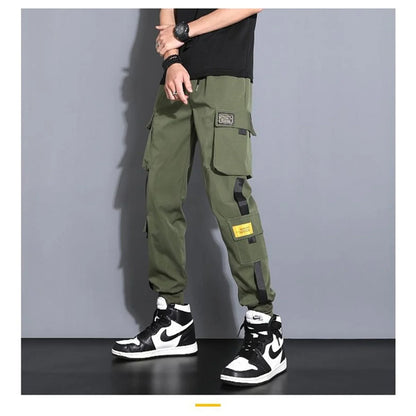 Men's Cargo Pants Casual Hip Hop Hit Color Multiple Pockets Trousers Streetwear Ribbons Techwear Sweatpants Boys.