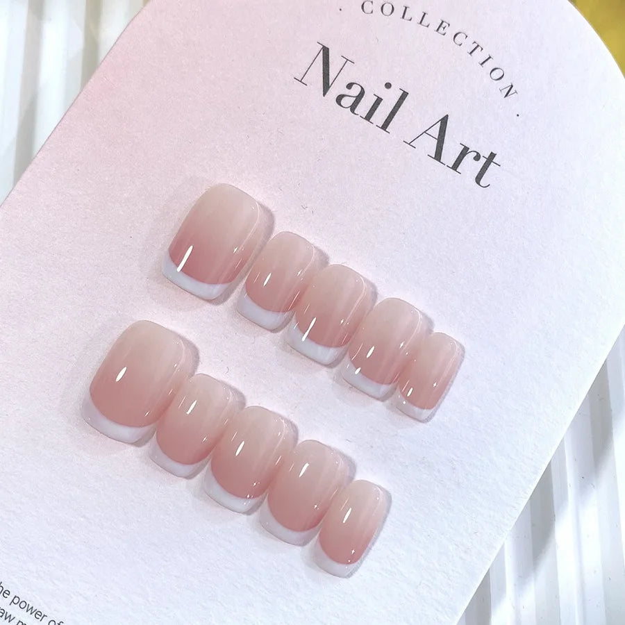 10pcs Pink French Handmade Nails Short French style Handmade Wear Nail for Women&Girl Whitening Nail Stickers False Nail.