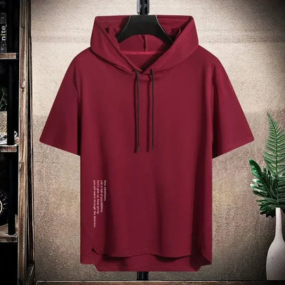 2025 Men's Summer Hoodies T-shirts Short Sleeve Solid Color Loose Hooded Drawstring Pullover Tops Basic Tees for Daily Wear Male