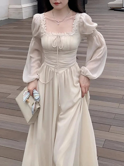 2024 Französisch elegante Prinzessin Abend party Midi Kleider für Frauen A-Linie schlanke Bandage Langarm Vestidos koreanische Frühlings kleidung