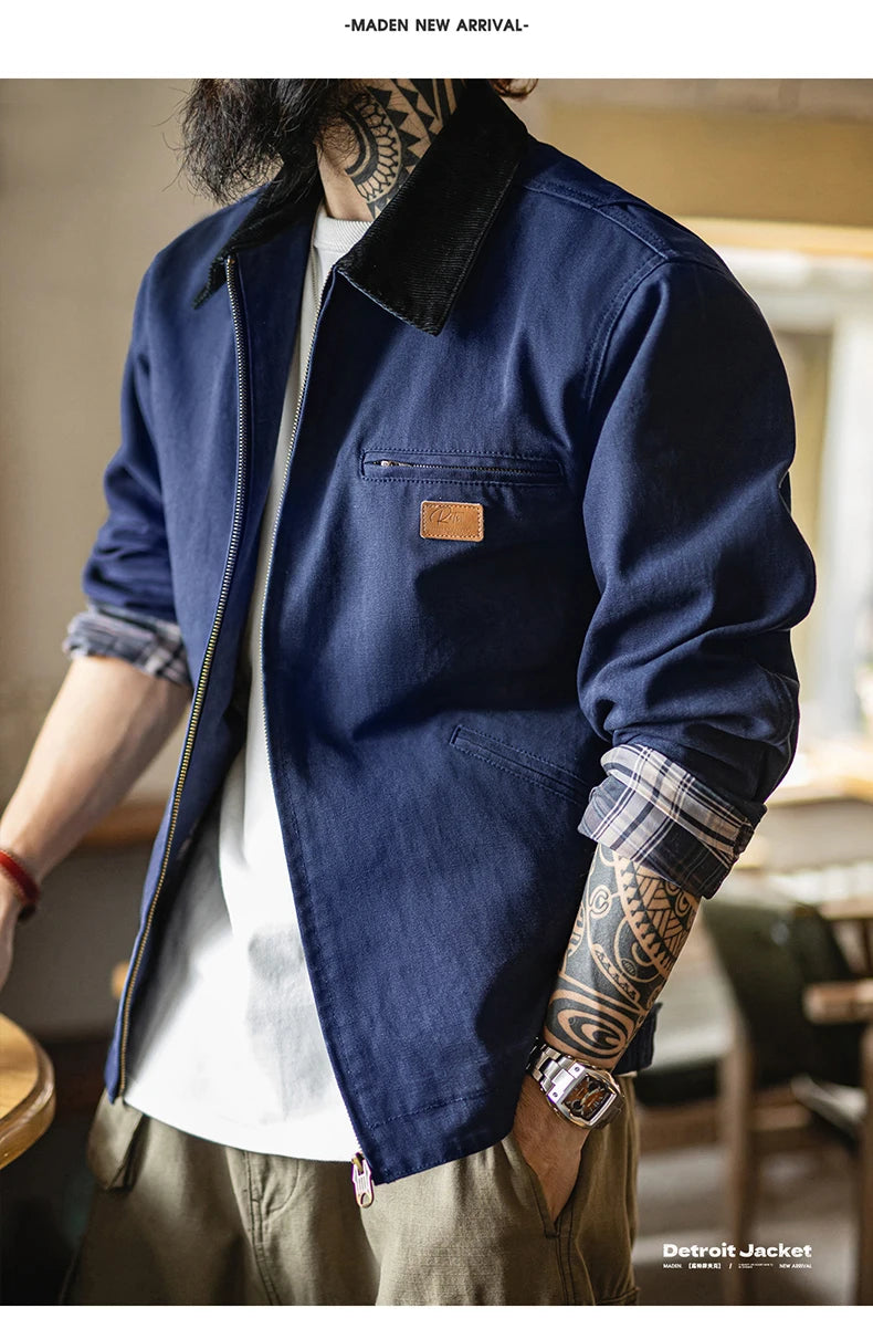 Maden Men's Retro J001 Detroit Jacket Heavyweight Canvas Hunting Coat Lapel Collar Work Jackets with Zipper for Spring Fall
