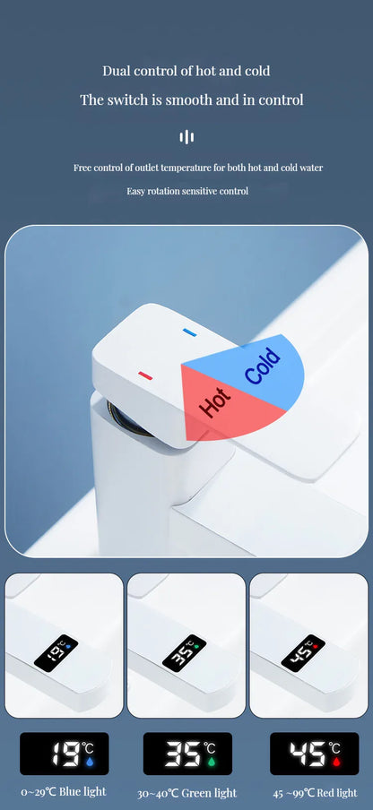 Digital Basin Faucets Smart Bathroom Faucet Shower Room Taps Water Temperature LED Black White Sink Tap Rotating Stainless Steel