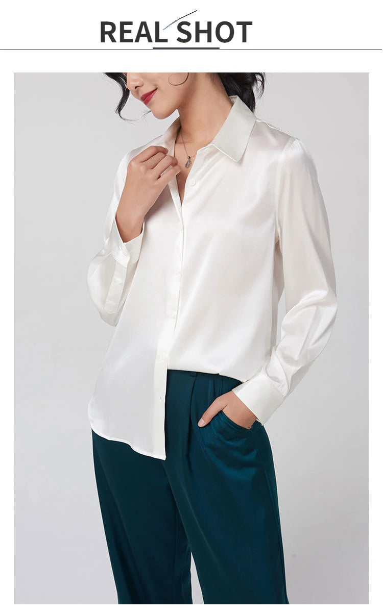 Woman Silk Shirt Long-sleeved Satin Women Blouse 19mm Mulberry Silk Blouse Loose Versatile Base Shirt 95% Natural Silk+5%Spandex.