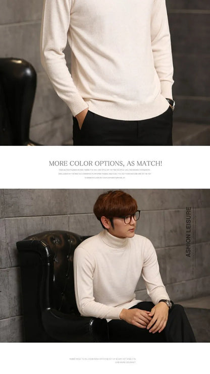 Cashmere Wool Solid Autumn Winter Men's Warm Turtleneck Knit Loose Long Sleeve Sweater Casual Comfortable Pullover Thick Sweater.