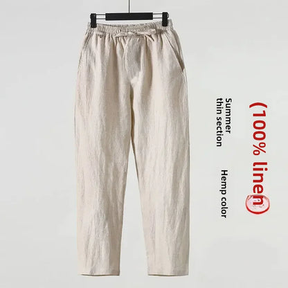 Casual Men's Linen Pants Loose Fit Cotton Linen 3/4 Length Pants Chinese Style Men's Material