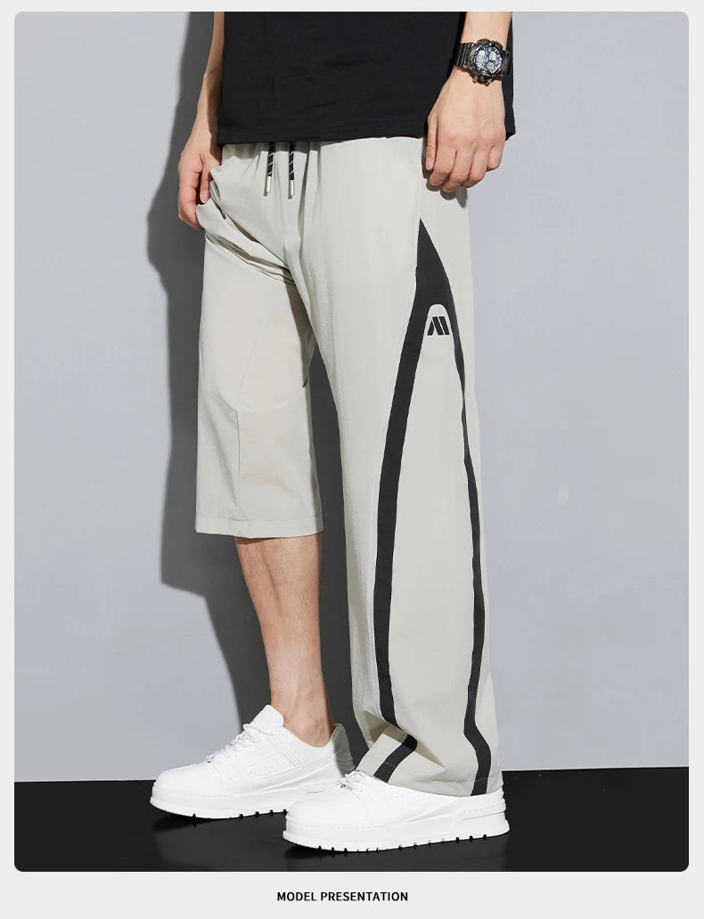 2025 Summer Ice Silk Casual Pants Boys Casual Peplum Pants Handsome Straight Colorblocking Sports Pants.