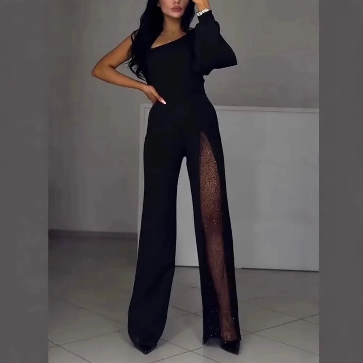 2025 Sping Summer Women's Jumpsuit Casual Comfortable Fashion Sexy Slanted Mesh Slightly Tilted Neck Office Jumpsuits.