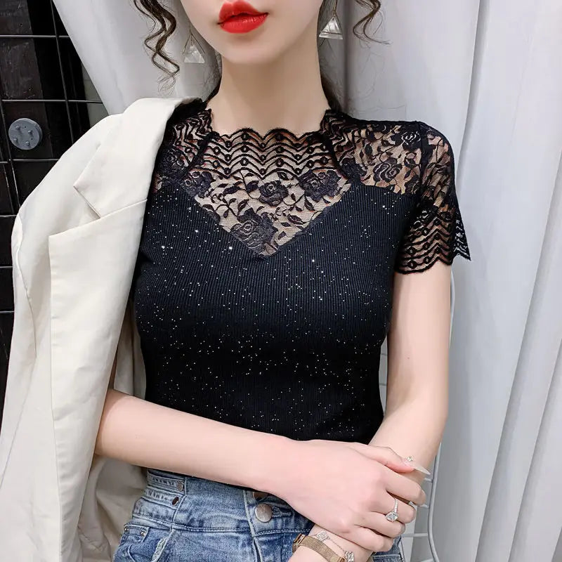 Summer Women Tops Patchwork Bright silk Mesh T shirt Pathcwork Short Sleeve Lace Shirt.