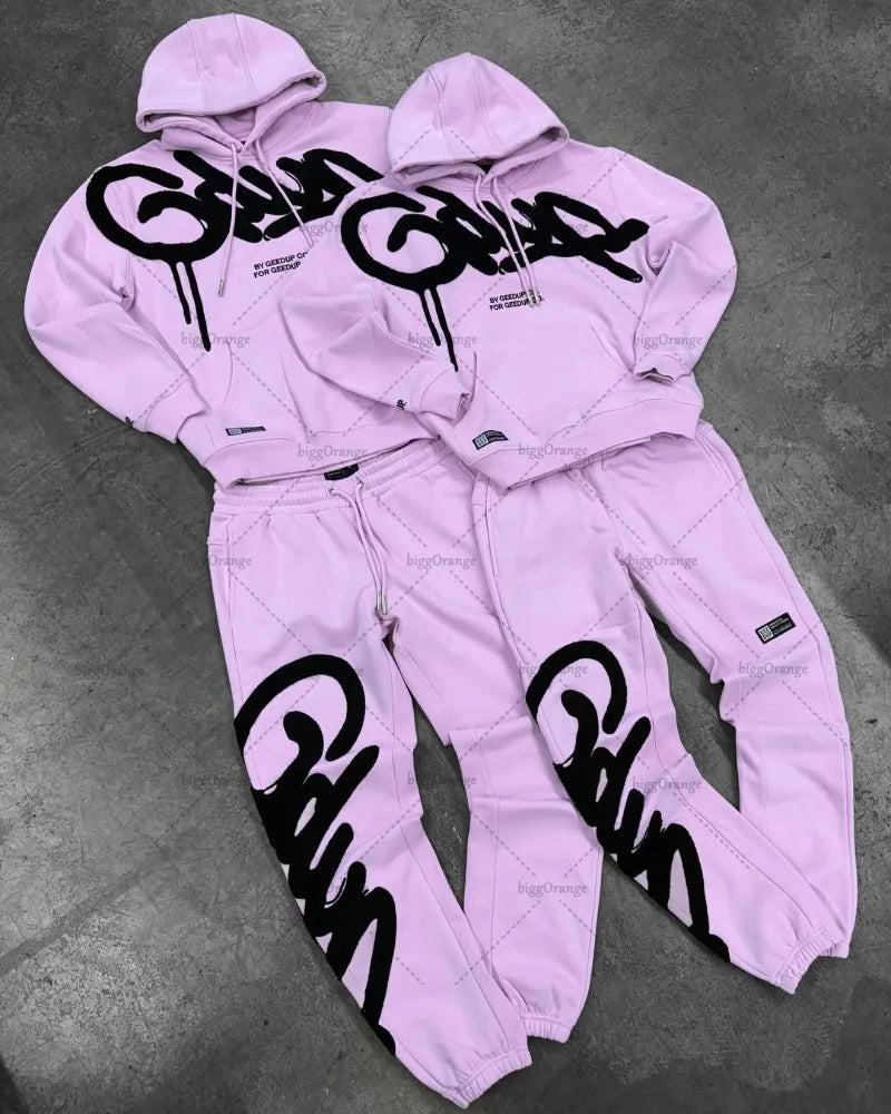 Black Purple Men Clothing Sports Set American New Letter Oversized Hoodies Street Hip Hop Retro Loose Sport Pants.